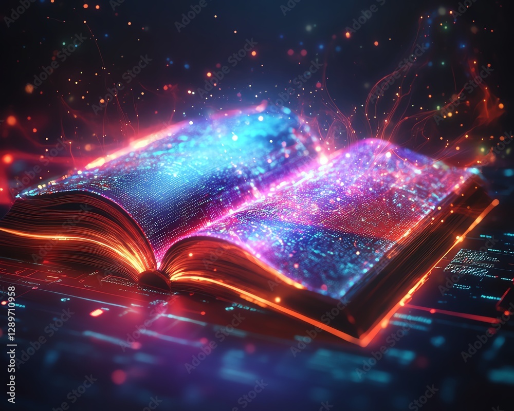 Fototapete colorful digital book with radiant neon light trails streaming from its pages, futuristic cyberpunk 
