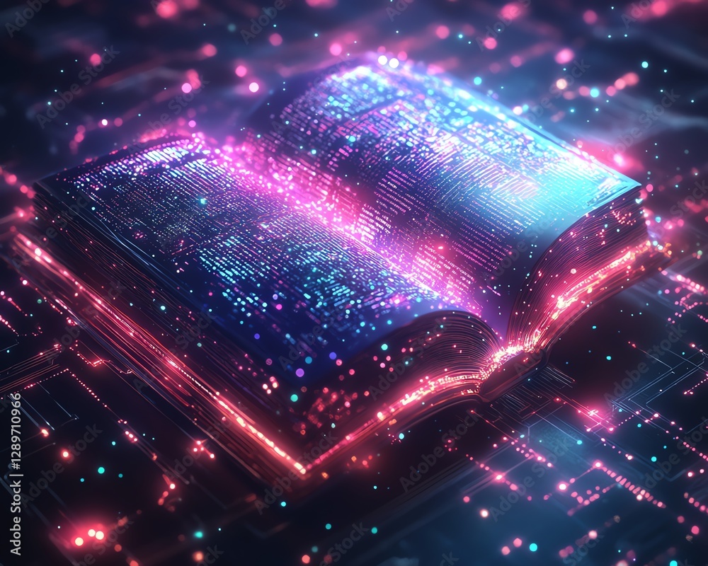 Aufkleber Colorful digital book with radiant neon light trails streaming from its pages, futuristic cyberpunk background with glowing tech details and digital patterns