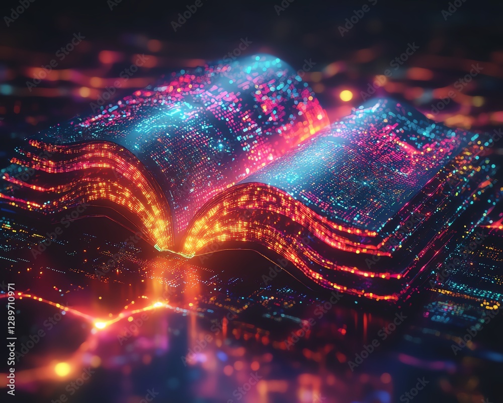 Fototapete colorful digital book with radiant neon light trails streaming from its pages, futuristic cyberpunk 