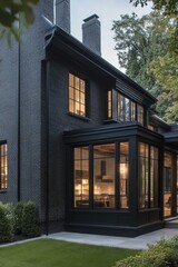 Fototapeta premium Elegant black contemporary house with large glass windows set in a tranquil garden during twilight, showcasing modern architecture and inviting ambiance