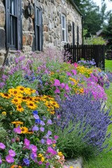 Vibrant garden blooms along a stone cottage in a sunny landscape during summer showcasing a variety of colorful flowers in full bloom