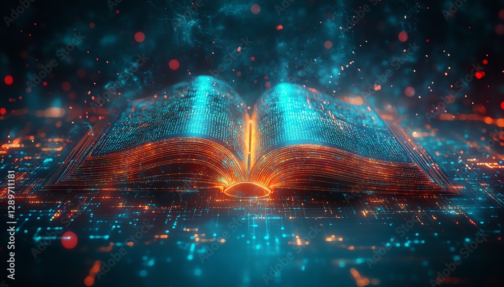Poster Colorful digital book with neon light trails emanating from open pages, set against a futuristic background filled with glowing technology and digital elements