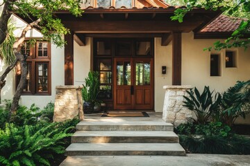 Fototapeta premium The inviting entrance of a contemporary home is beautifully framed by vibrant greenery and a peaceful landscape, all illuminated by the warm glow of the golden hour