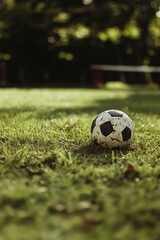 Fototapeta premium Soccer ball on grass lawn. Outdoor activity.