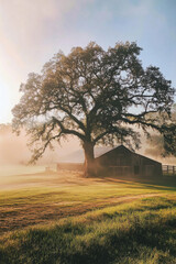 Naklejka premium Majestic oak tree stands beside an old barn in the golden light of dawn on a foggy morning in the countryside, embracing the tranquility of rural life