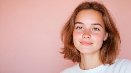 Naklejka premium Young woman smiling with freckles on pink background