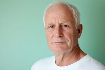 Fototapeta premium Portrait of senior man looking calm and contemplative on green background