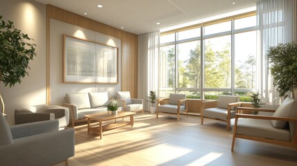 Fototapeta premium Modern Bright Waiting Area with Comfortable Seating and Natural Light in a Tranquil Setting