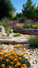 Obraz premium Blooming Garden Panorama: A vibrant, tiered garden bursting with colorful flowers, textured pebbles, and weathered wood accents, offers a captivating view of nature's artistic design.