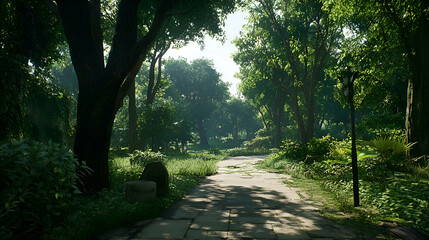 Fototapeta premium Sunlit Path Through Overgrown Forest