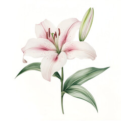 Fototapeta premium Delicate lily flower painted in soft akvarel watercolor style, gentle brushstrokes blending pastel pink and white petals, subtle green stem and leaves, minimalistic composition on a pure white backgro