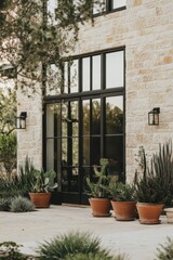 Elegant entrance of a modern stone home adorned with potted plants and cacti in a serene outdoor setting during the late afternoon light