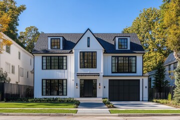 Obraz premium Modern white house with black accents and spacious driveway located in a tranquil neighborhood surrounded by trees and well-maintained lawns on a clear sunny day