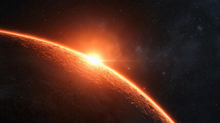 Obraz premium A stunning view of a planet's horizon, illuminated by a rising sun against a backdrop of deep space.