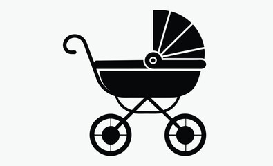 Baby carriage silhouette, vintage pram vector icon, stroller illustration