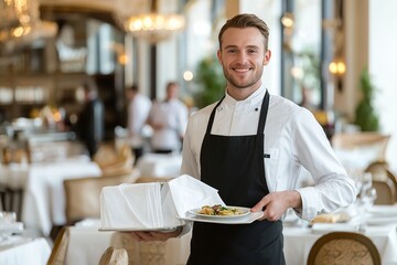Professional waiter serving a gourmet dish in an elegant restaurant setting during dinner service