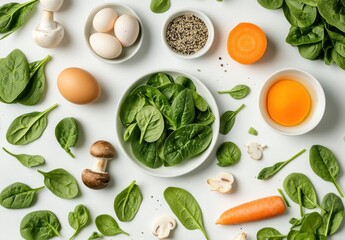 Fresh Spinach, Eggs, Mushrooms, Carrot and Spices on White Background for Healthy Cooking and Natural Ingredients in Culinary Arts