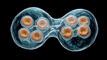 Close-Up View of Cellular Division Process with Multiple Cells Undergoing Mitosis in a Dark Background
