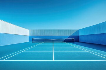 Blue Tennis Court Minimalism Under Clear Sky with Geometric Lines and High Contrast