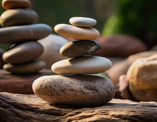 A carefully balanced stack of smooth stones sits on a textured wooden surface, surrounded by more rocks in a natural setting.