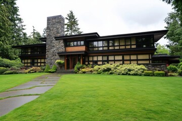 Obraz premium Elegant modernist house with stone and wooden features surrounded by lush greenery in a suburban neighborhood on a cloudy day