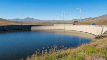 Scenic View of Wind Turbines Above a Calm Reservoir Surrounded by Green Grass and Mountains in Clear Blue Sky