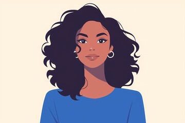 African american woman with curly black hair and blue top illustration in minimalist style on beige background. Modern trendy fashion portrait with copy space for beauty blog