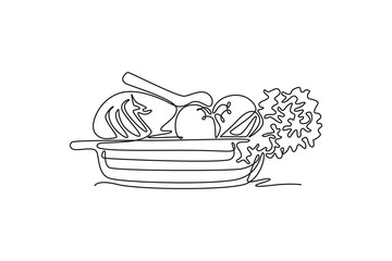 Single one line drawing of wicker basket with full of raw vegetables for kitchen logo icon. Healthy food for diet program or vegan life. Modern continuous line draw design graphic vector illustration