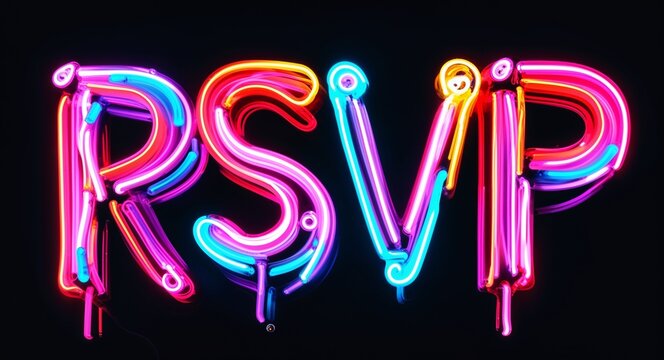 please rsvp colorful neon graffiti lettering on plain black background