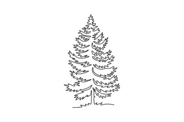 Single one line drawing beauty and exotic pine tree for home decor wall art poster. Decorative tall conifer pinus plant for national park logo. Continuous line draw design graphic vector illustration