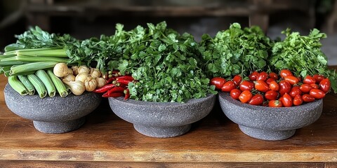 Fresh Vegetables and Herbs Displayed in Stone Bowls, Showcasing Colorful Ingredients for Healthy Cooking and Culinary Inspiration