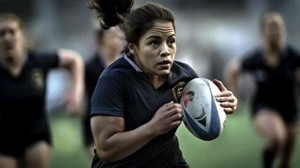 Woman playing professional rugby match. slow motion video