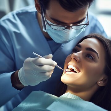 Dentist checks patient's teeth.