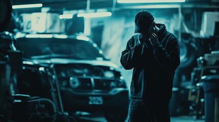 A Young Man in Dark Hoodie Contemplating Life Inside a Dimly Lit Garage, Surrounded by Tools and a Vehicle: An Introspective Moment at Night