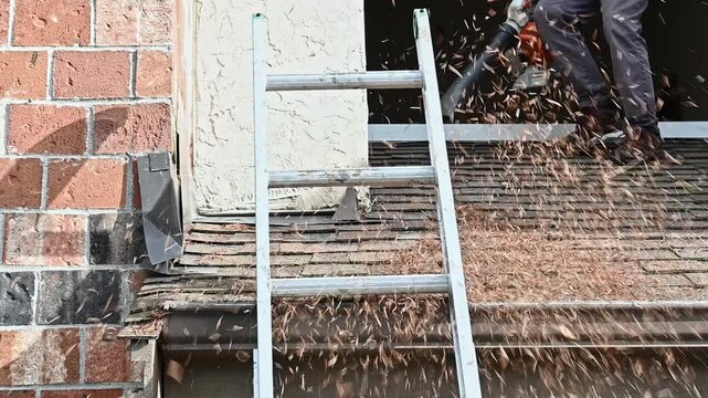 Senior man with leaf blower on asphalt shingle roof blowing pine needles off to clean roof, property maintenance
