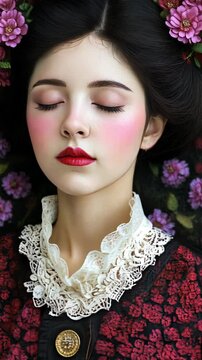 Portrait of a woman with delicate features dressed in vintage attire surrounded by floral patterns in a serene setting