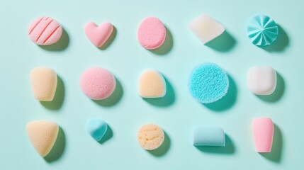 Fototapeta premium Beauty sponges in various shapes and sizes arranged neatly on a pastel mint background