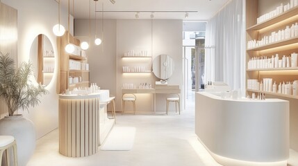 Bright and modern beauty salon with neutral decor, soft lighting, and premium beauty treatment stations