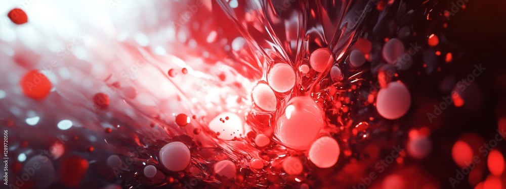 Poster abstract red and white colors forming a dynamic pattern with bubbles and glowing particles for creat