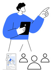 Person holding tablet, pointing direction, marketing feed on phone, three individuals. Ideal for leadership, communication, digital marketing, strategy, collaboration presentations abstract line