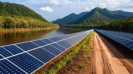 Solar Panels by River in Mountains; Sustainable Energy