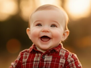 smiling baby wearing a red plaid shirt