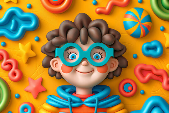 Cute cartoon superhero child face with curly hair and blue mask on yellow background with candies and stars. Kid character design for birthday party decoration