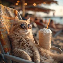 Cute Cat in Sunglasses Relaxing on a Sun Lounger with a Cocktail at a Colorful Beach &ndash; Summer Vacation Theme