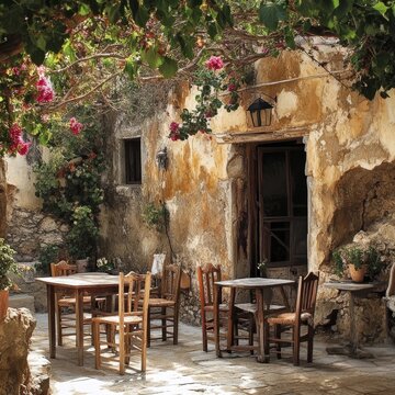 Empty tavern in garden, Crete, Greece