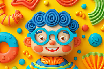 Colorful clay art character with blue curly hair and glasses on yellow background. Cute cartoon face with modern design elements. Fun creative plasticine artwork