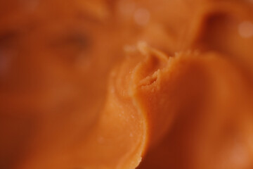Close up of expired peanut butter texture. Eating rancid peanut butter can lead to tummy troubles like cramps, diarrhea or vomiting