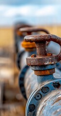 Rusty valve on pipeline, field background, irrigation.