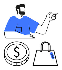 Bearded man pointing right, dollar coin illustration, and shopping bag with tag. Ideal for e-commerce, sales, pricing, financial advice, retail trends, online shopping abstract line flat metaphor