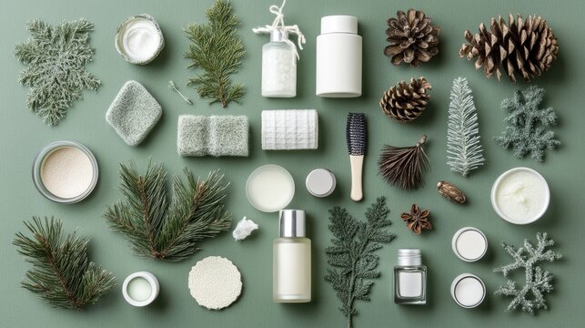 Flat lay of skincare and beauty products with botanical elements on a muted sage green background